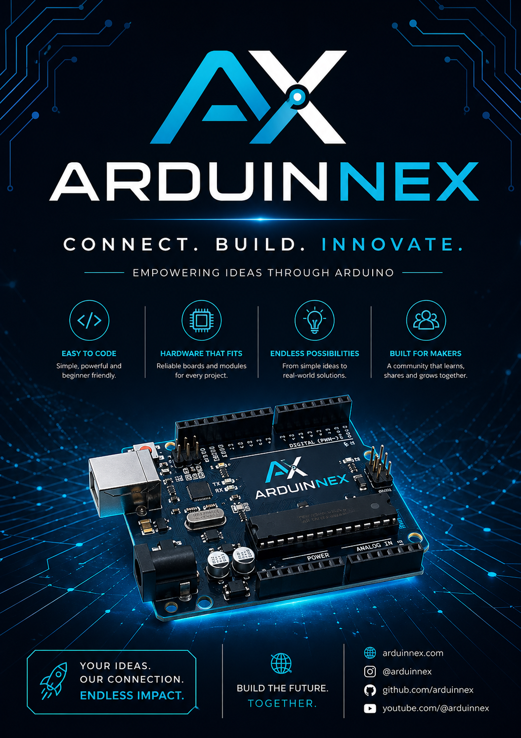 ARDUINNEX Connect Build Innovate brochure showing an Arduino board