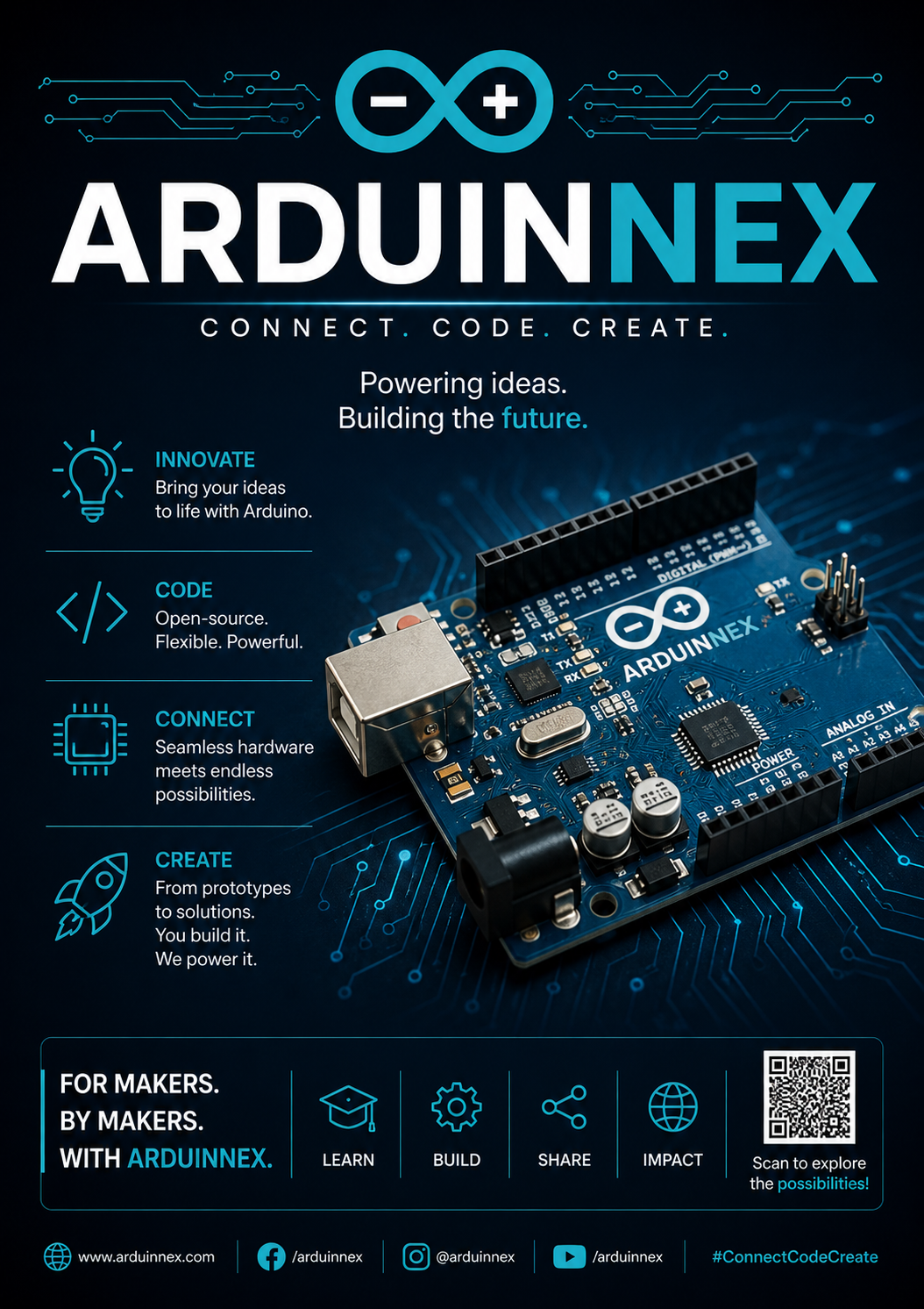 ARDUINNEX Connect Code Create brochure showing an Arduino board