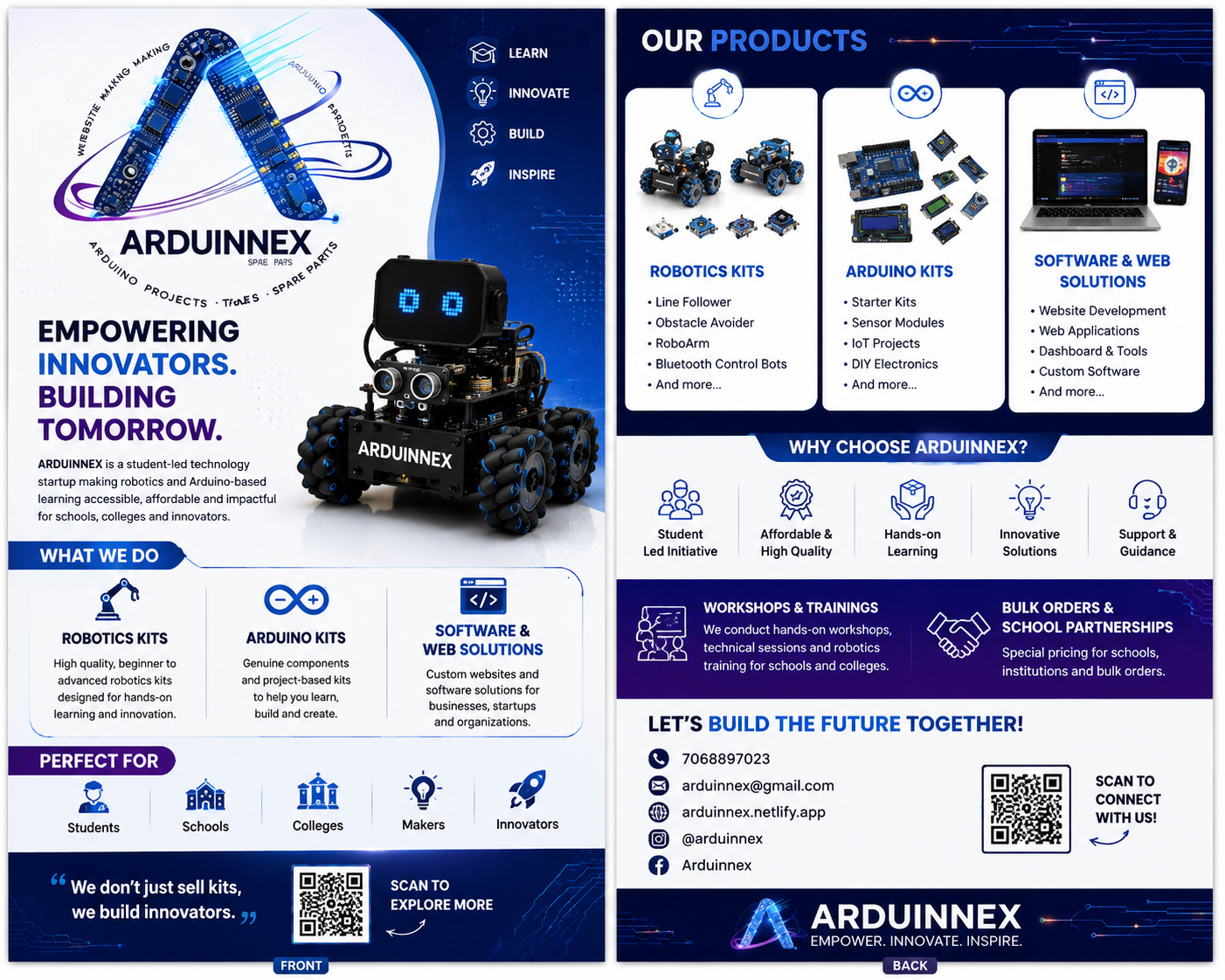 ARDUINNEX products flyer for robotics kits, Arduino kits, and software solutions